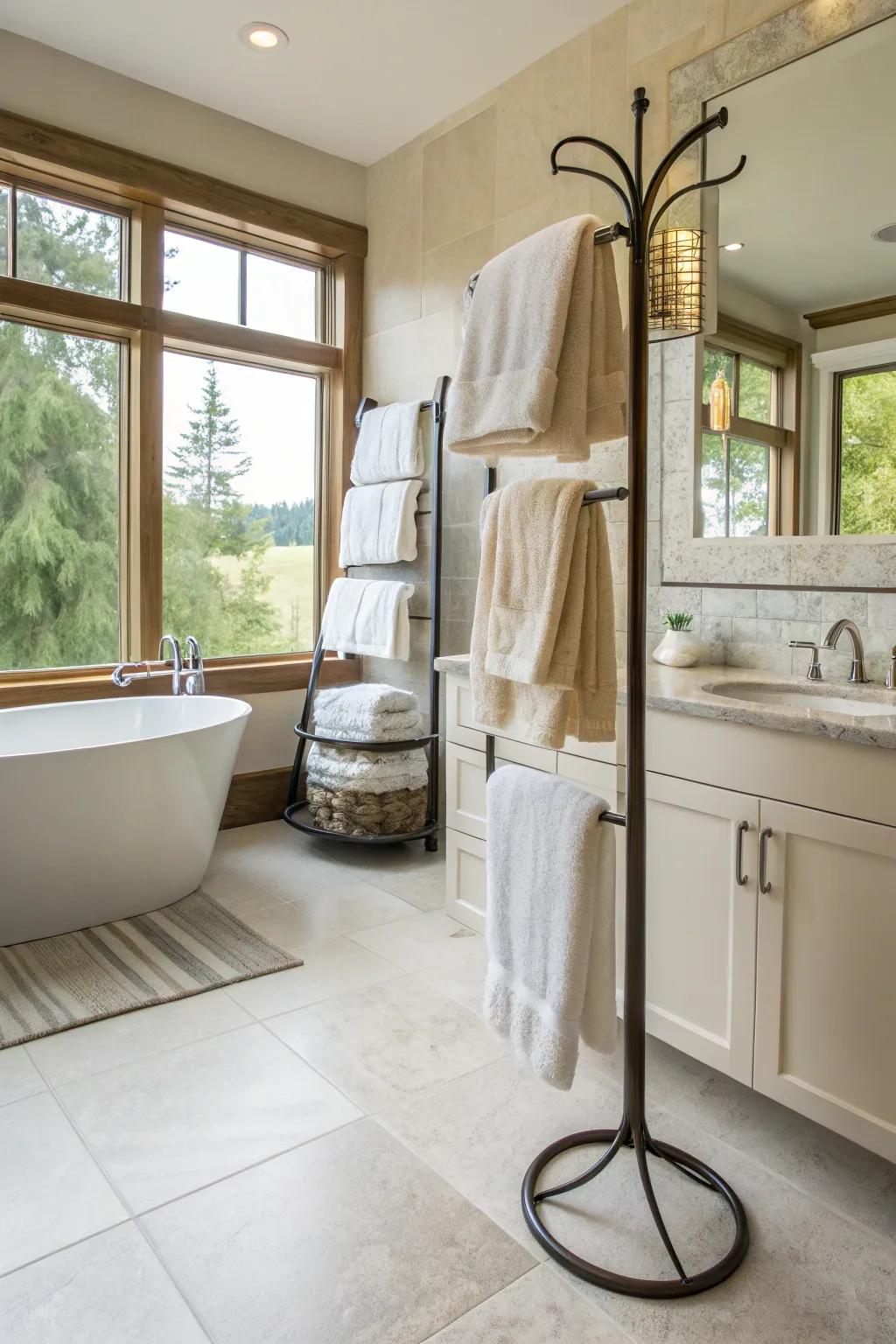 Standalone towel stands offer grace and adaptability.