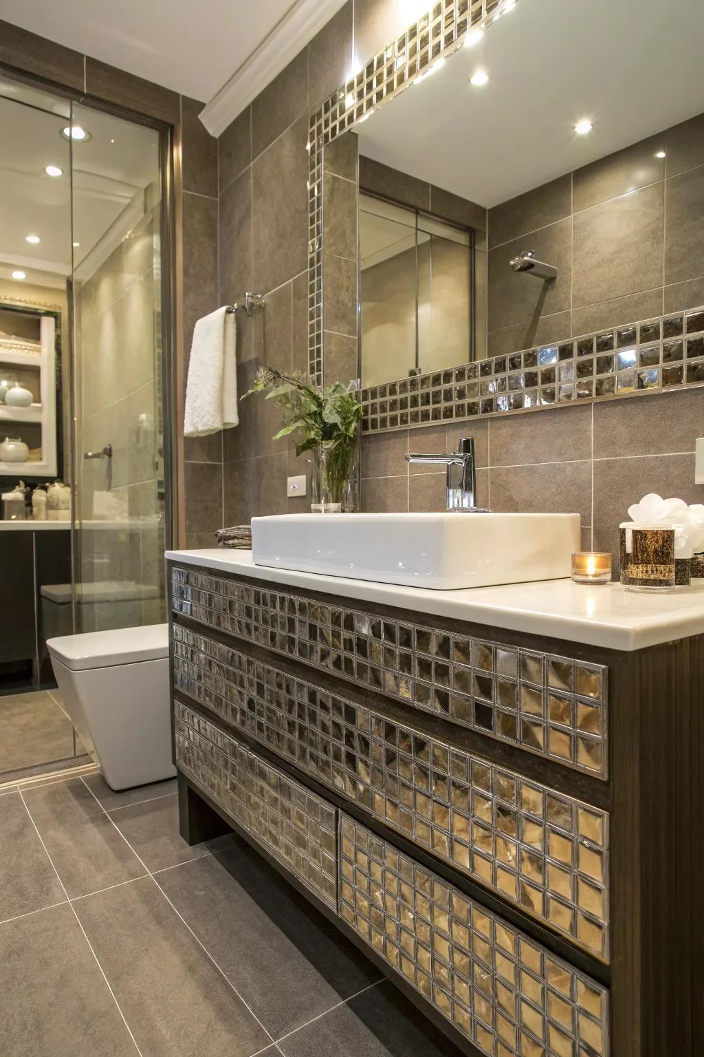 Metallic edgings impart a hint of contemporary opulence to the washroom.