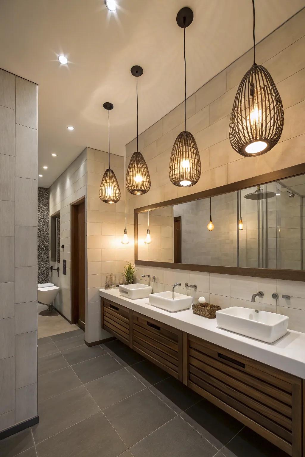 Pendant lighting adds drama and depth to your bathroom.