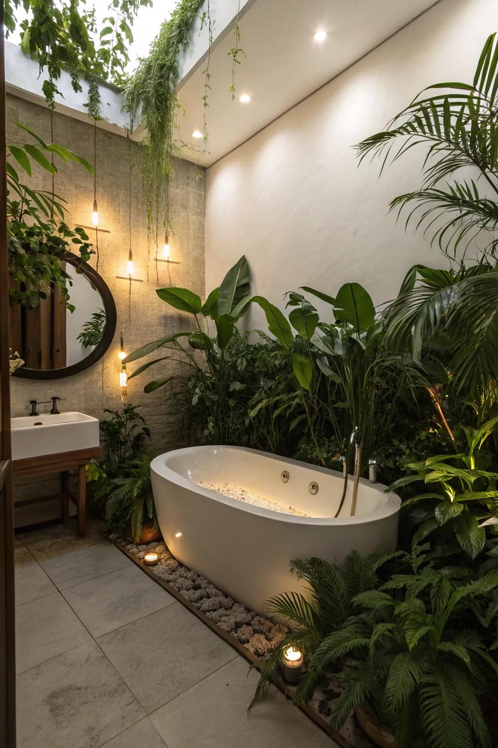 A spa-like ambiance featuring plants and subdued lighting surrounding the bathtub.