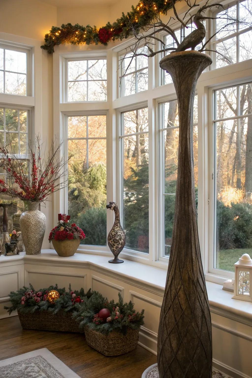 Exhibit artistry and ornamentation within your bay window to convey your personal flair.