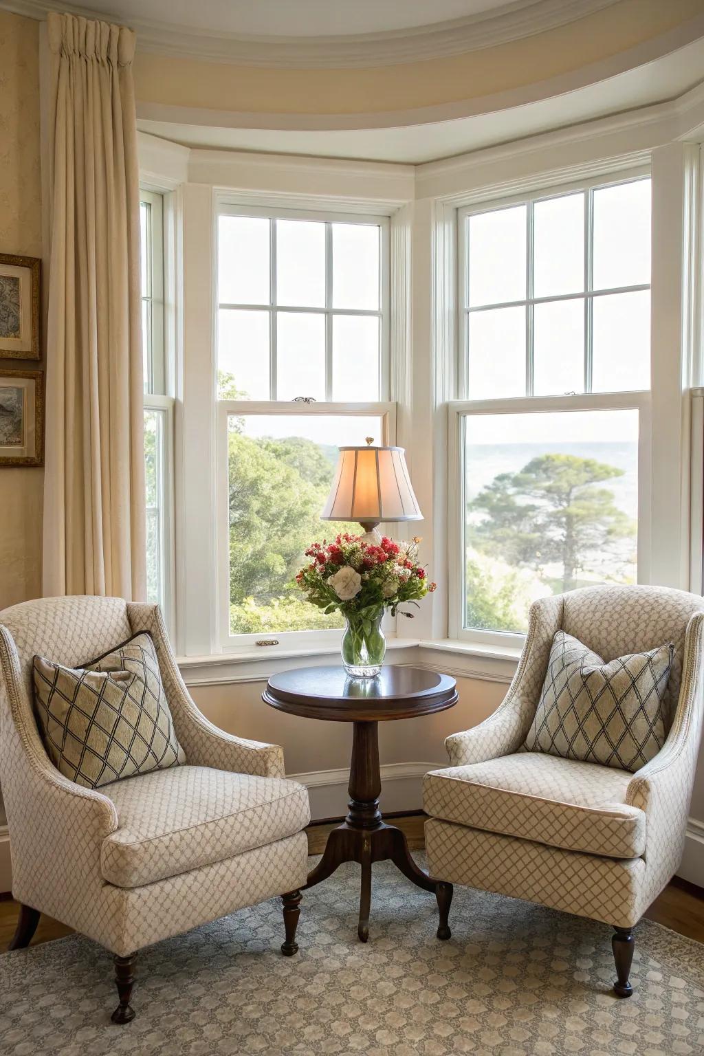 Symmetrical seating enhances both functionality and elegance in your bay window space.