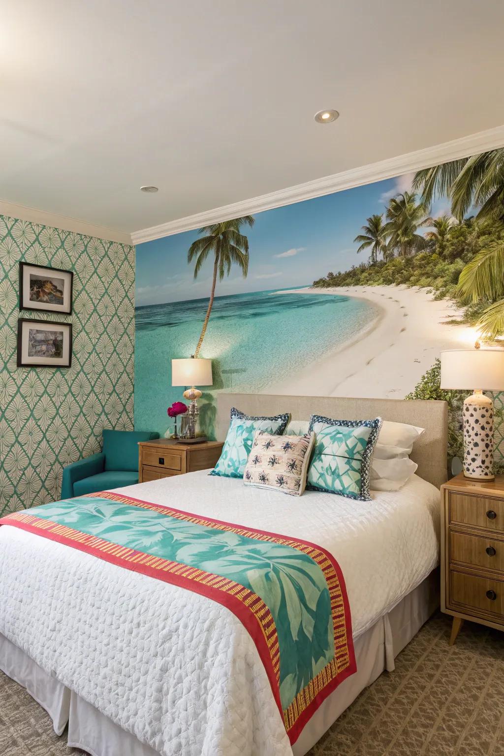 Convert any space into an animated hideaway using tropical panorama wallpaper.
