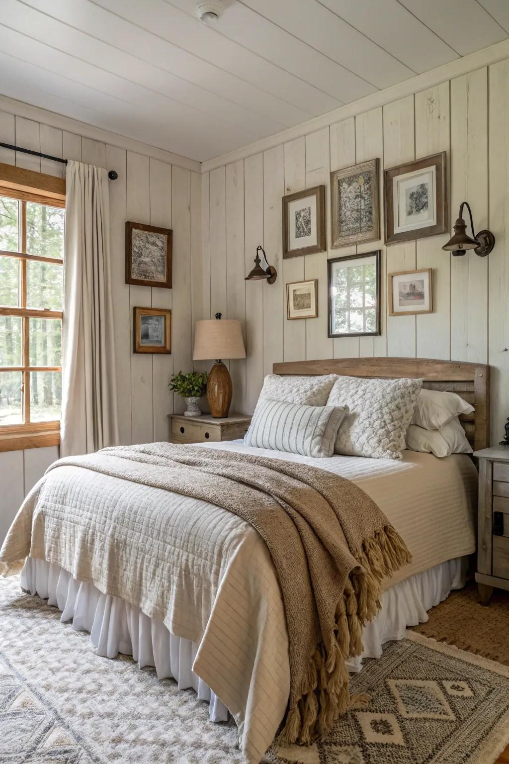 A cozy bedroom with paneling divider in neutral tones.