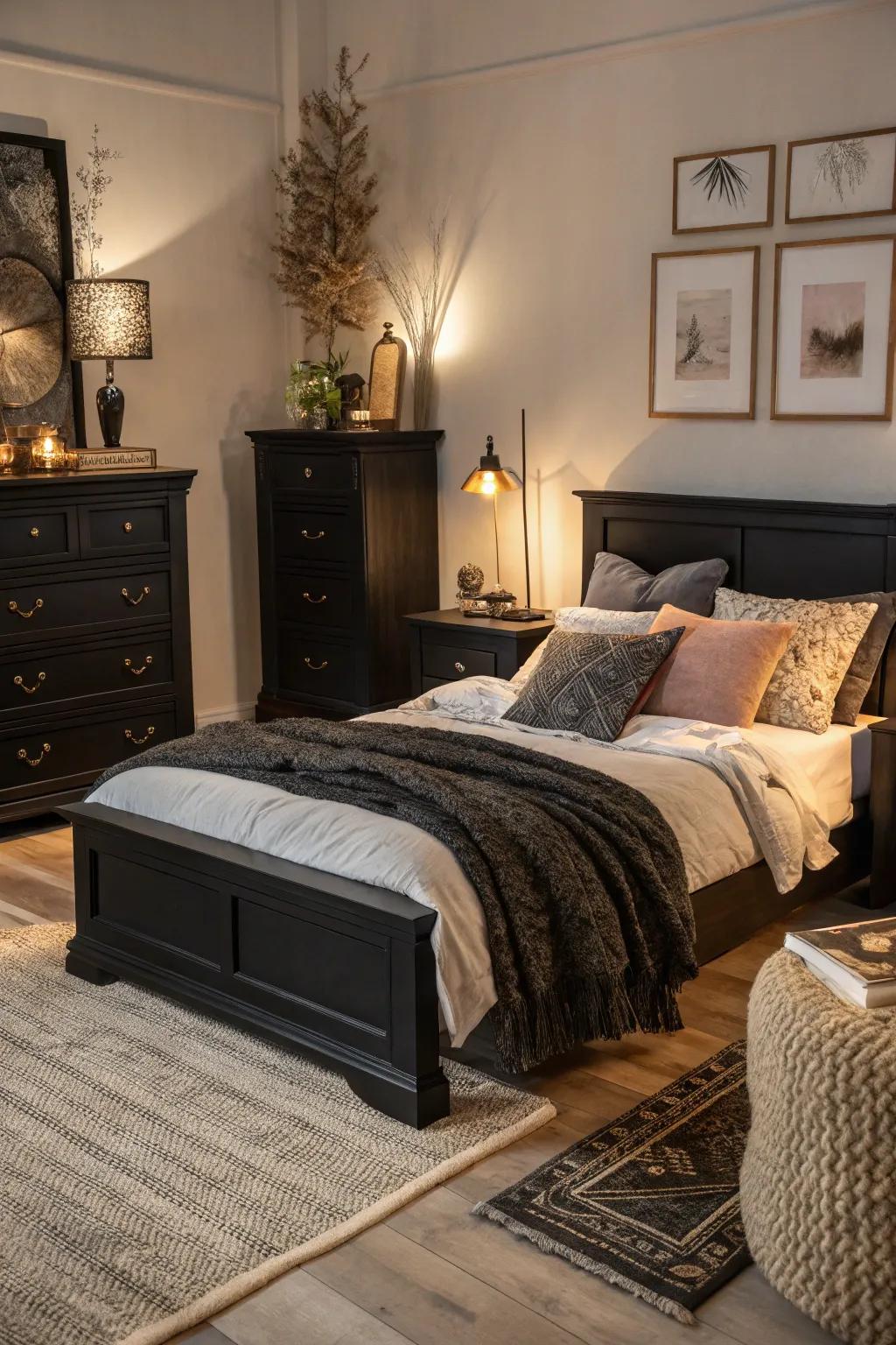 Textures such as velvet and knits inject dimension and coziness into an ebony furnished boudoir.