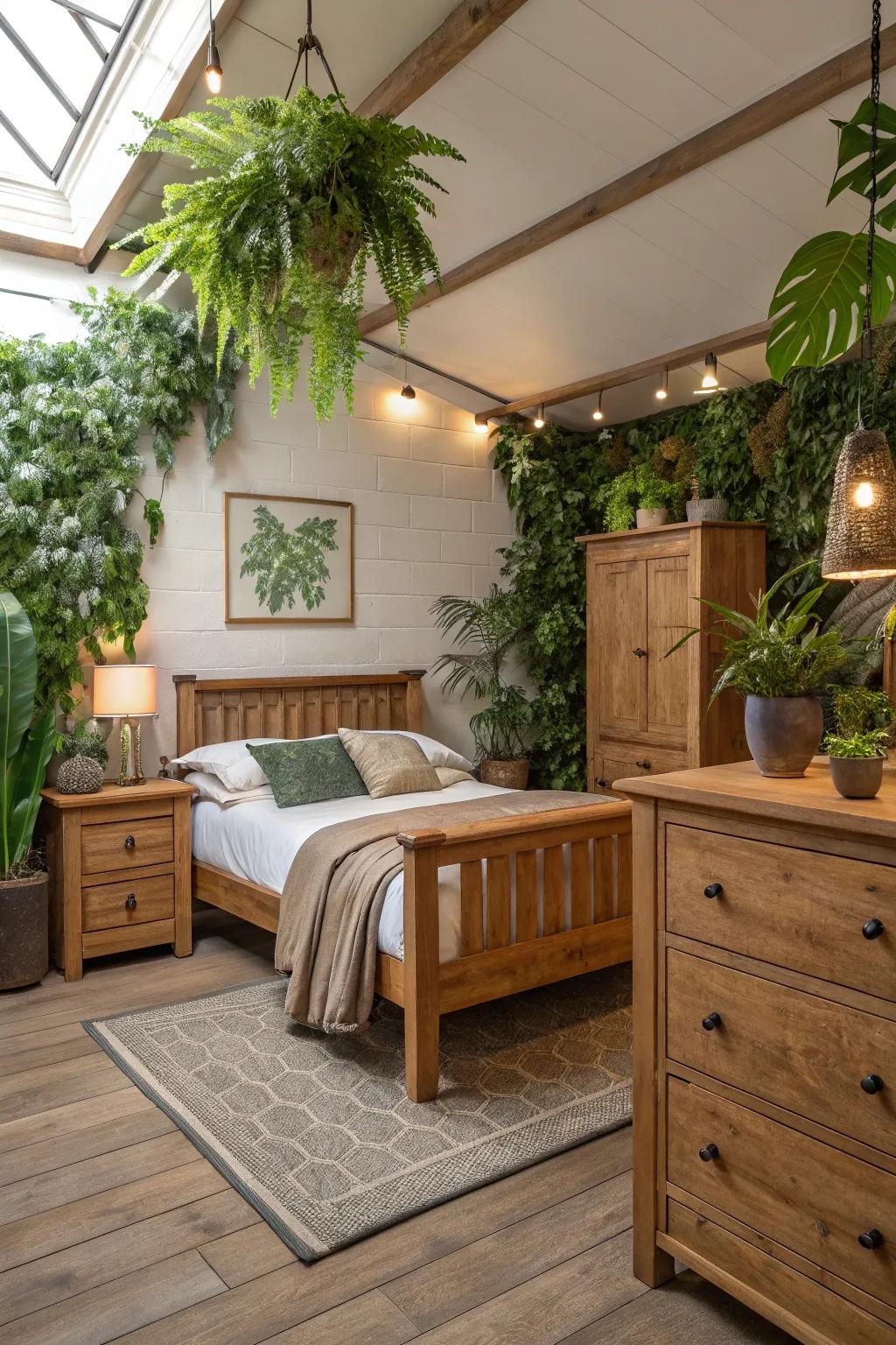 A bedroom in sync with nature through the incorporation of timber and verdure.