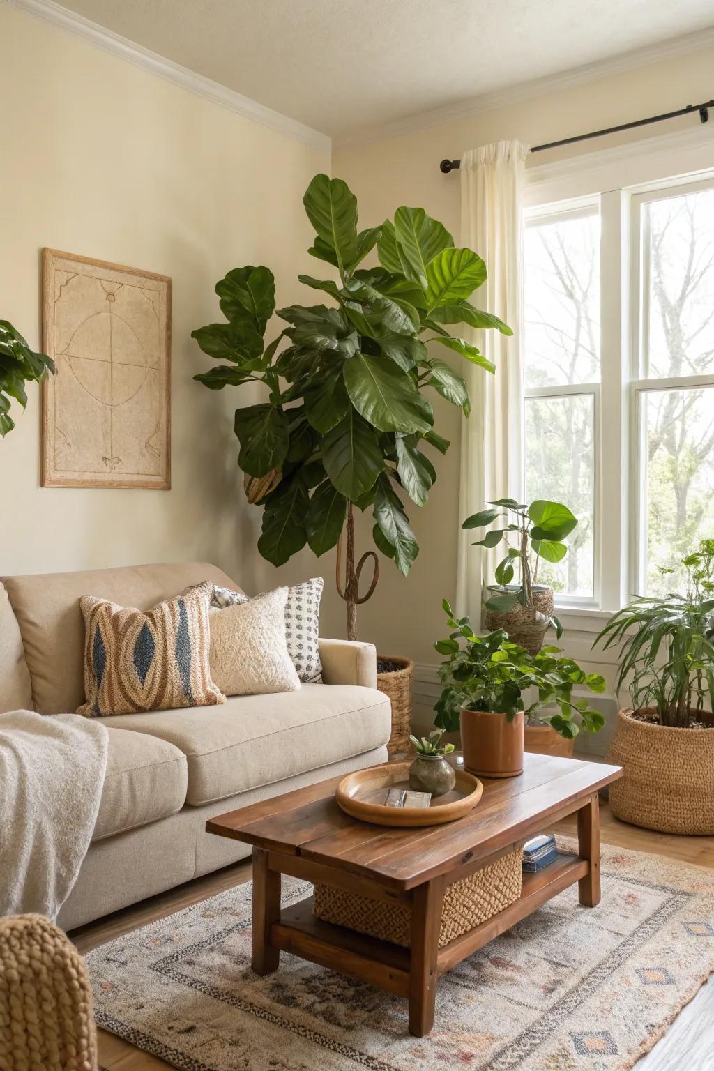 Greenery infuses vibrancy into beige.