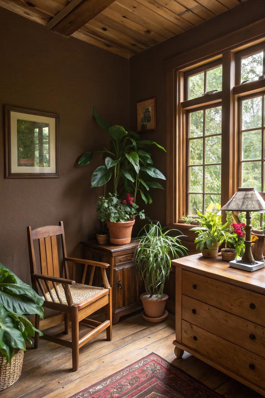 An earthy sophistication achieved through natural timberwork and vegetation.