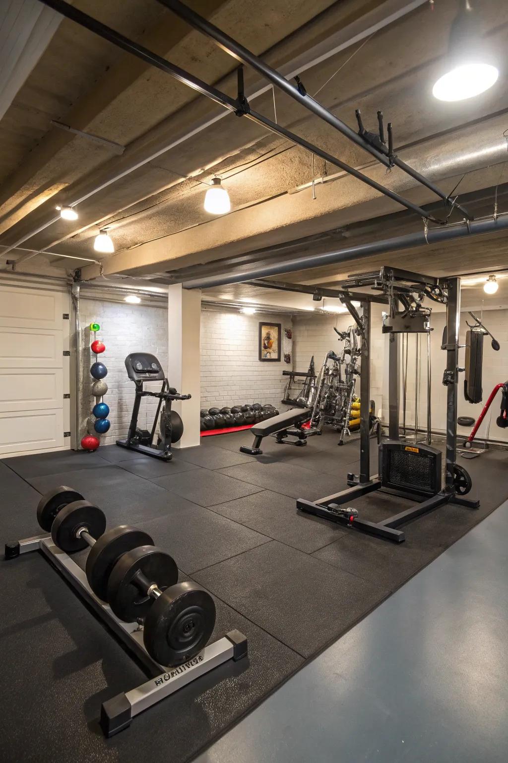 Resilient rubberized flooring represents a sensible choice for basement personal fitness areas.