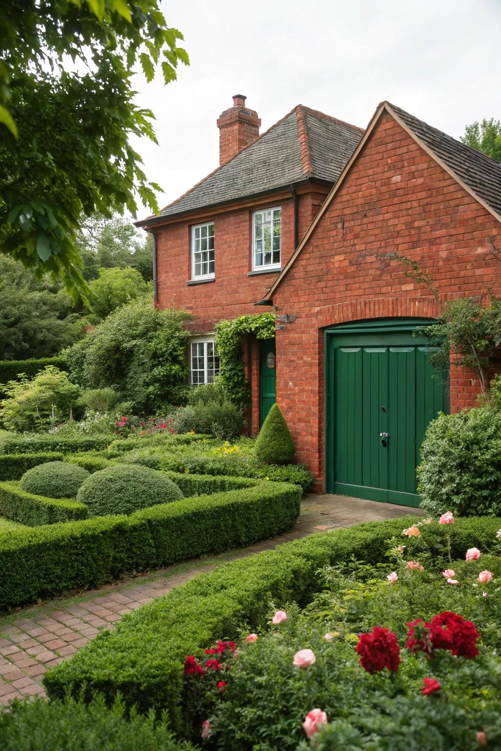 A verdant garage door harmonizes splendidly with surrounding greenery.