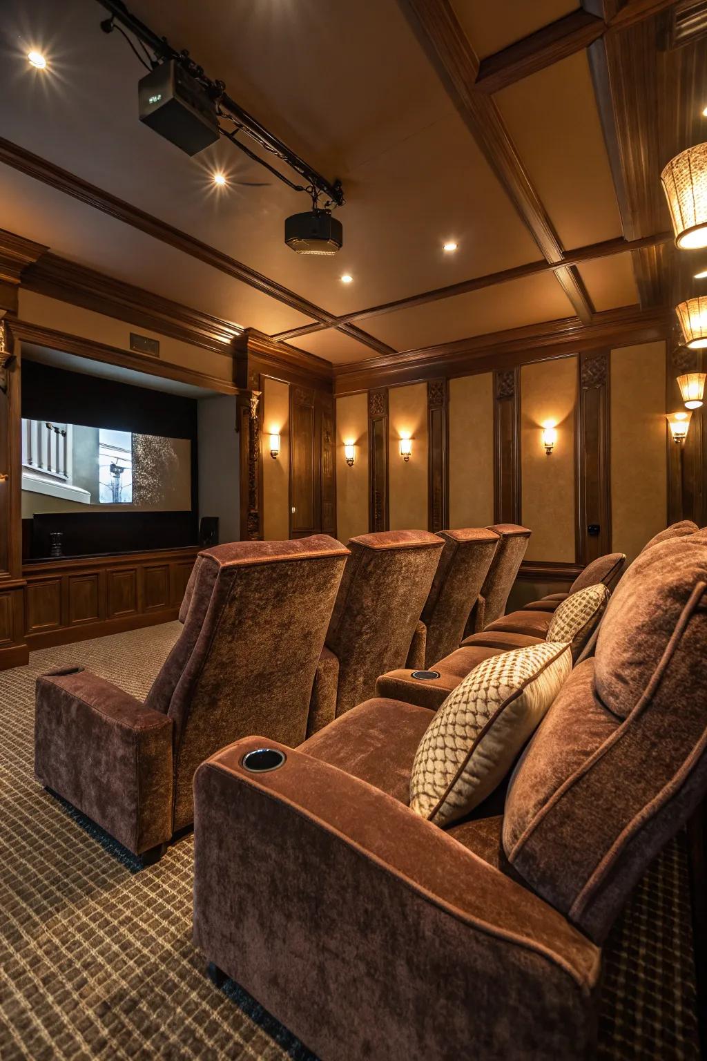 Textured velvet seats introduce warmth and dimension to this home cinema.