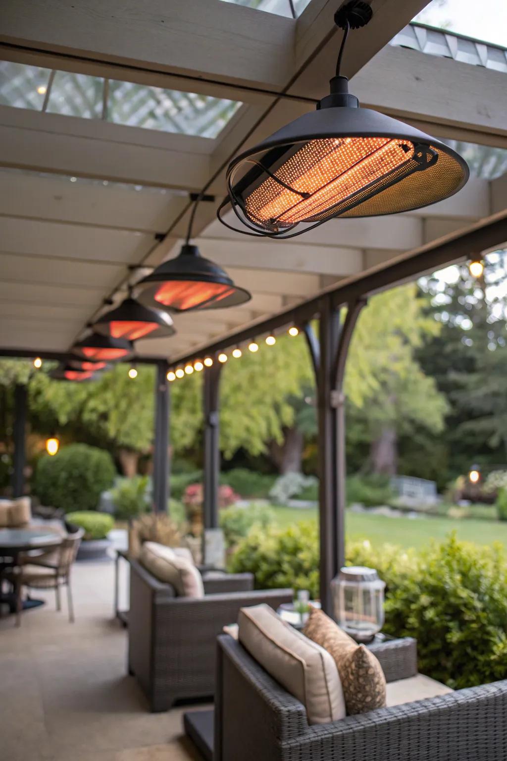 Overhead warmers deliver warmth from above, perfect for sheltered patios.