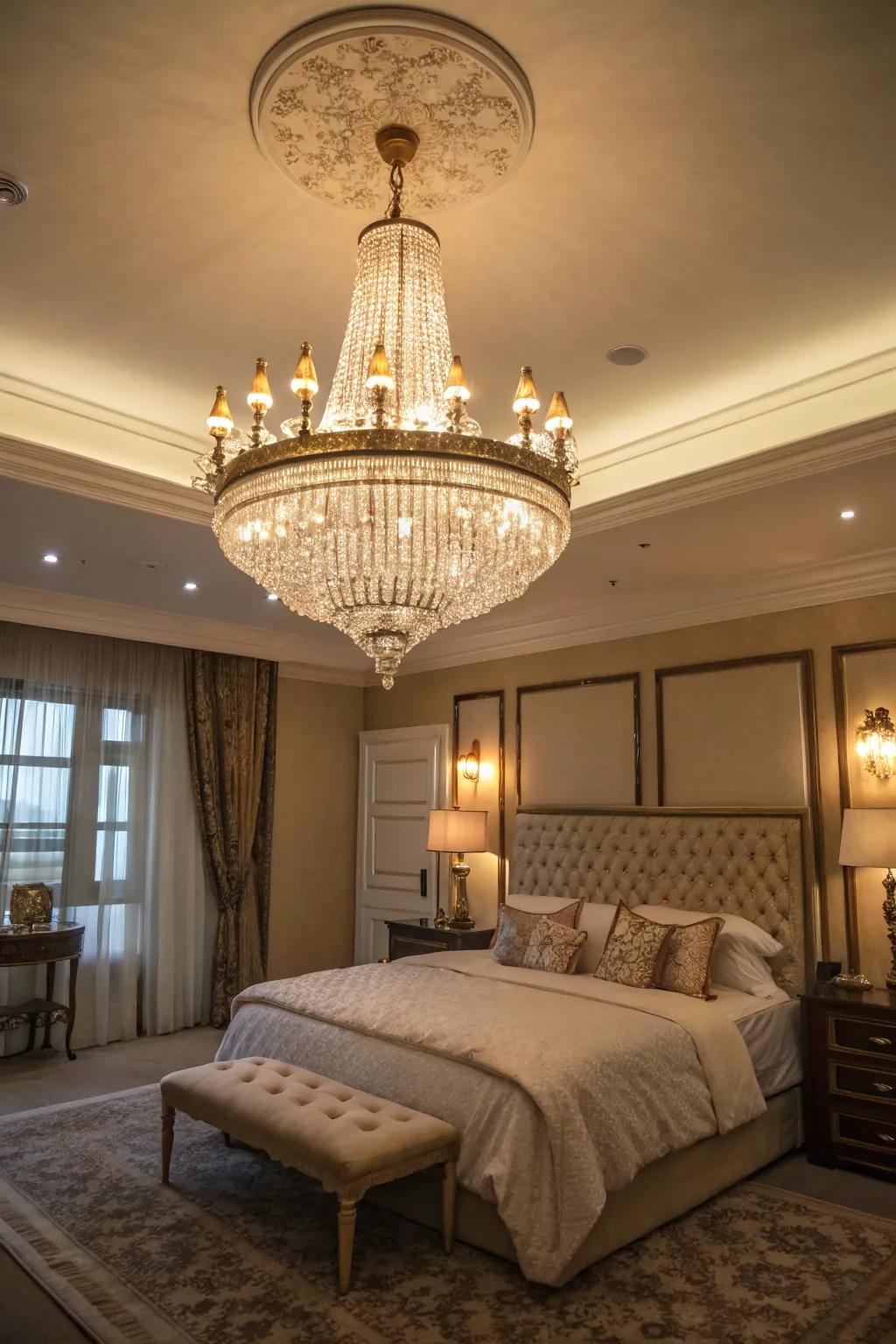 A grand bedroom featuring a breathtaking chandelier as its central element.