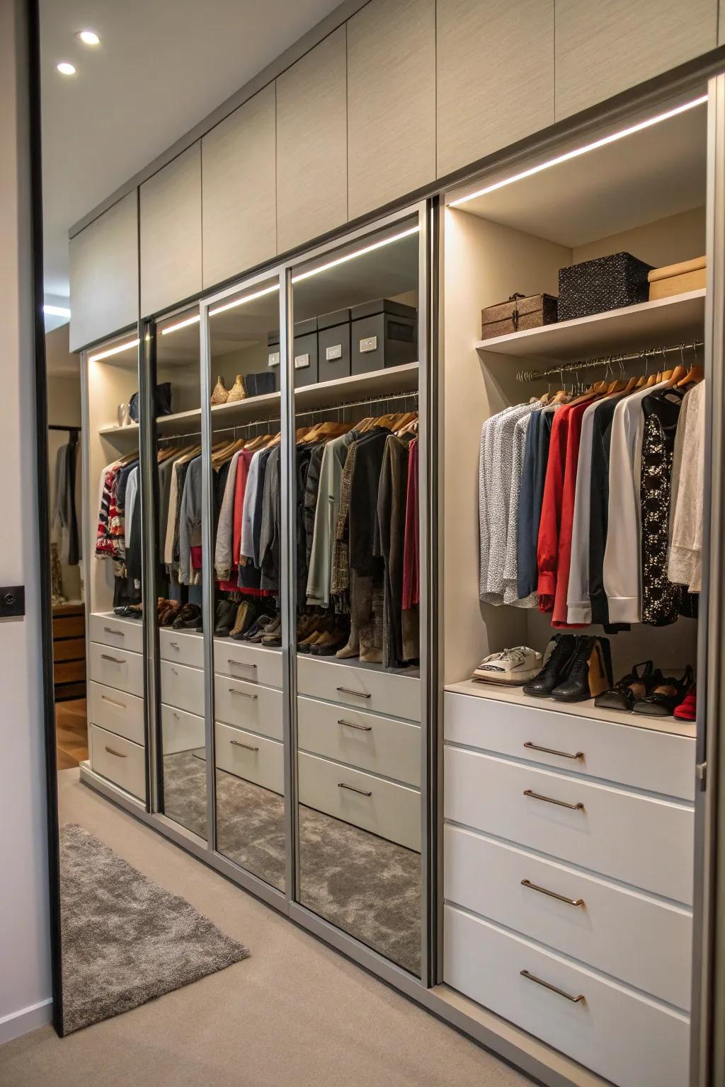 A closet with a full wall of mirrors reflecting the meticulously organized interior.