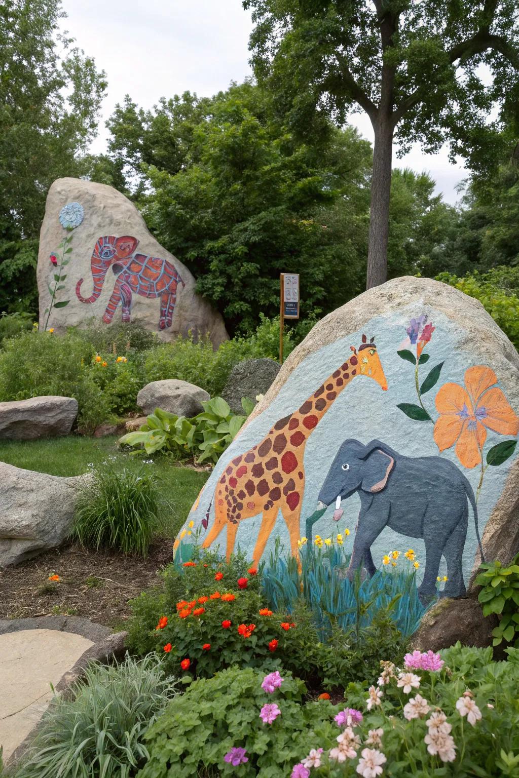 Begin a safari journey with animal-inspired stone artwork.