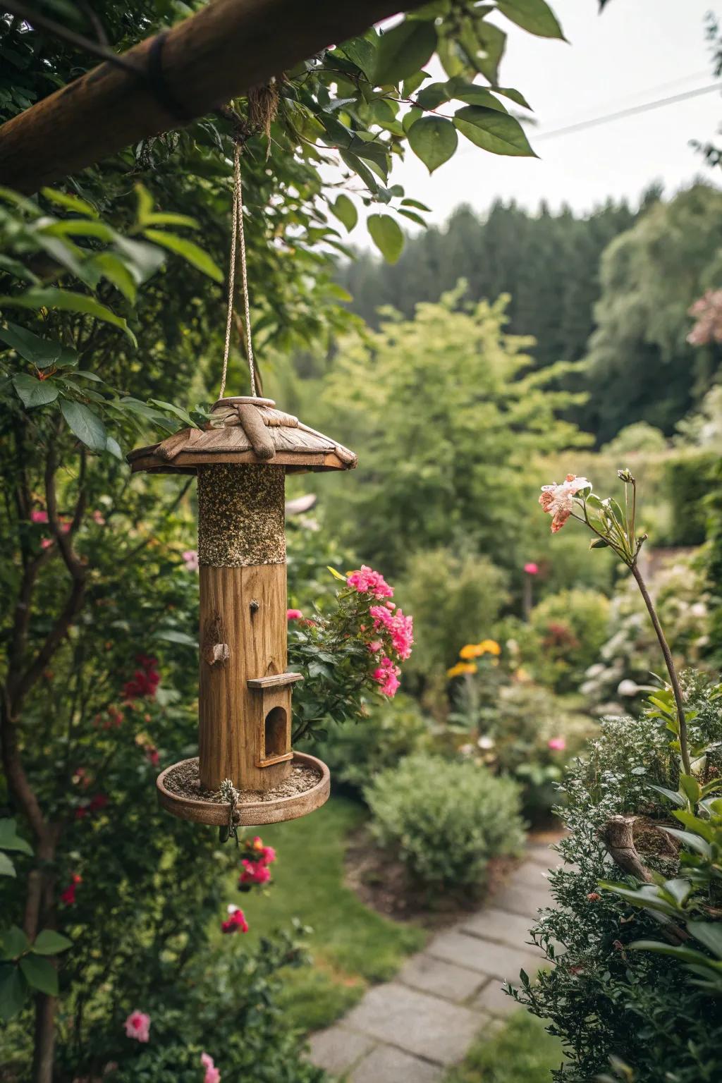 An eco-friendly bamboo feeder that blends naturally with nature.