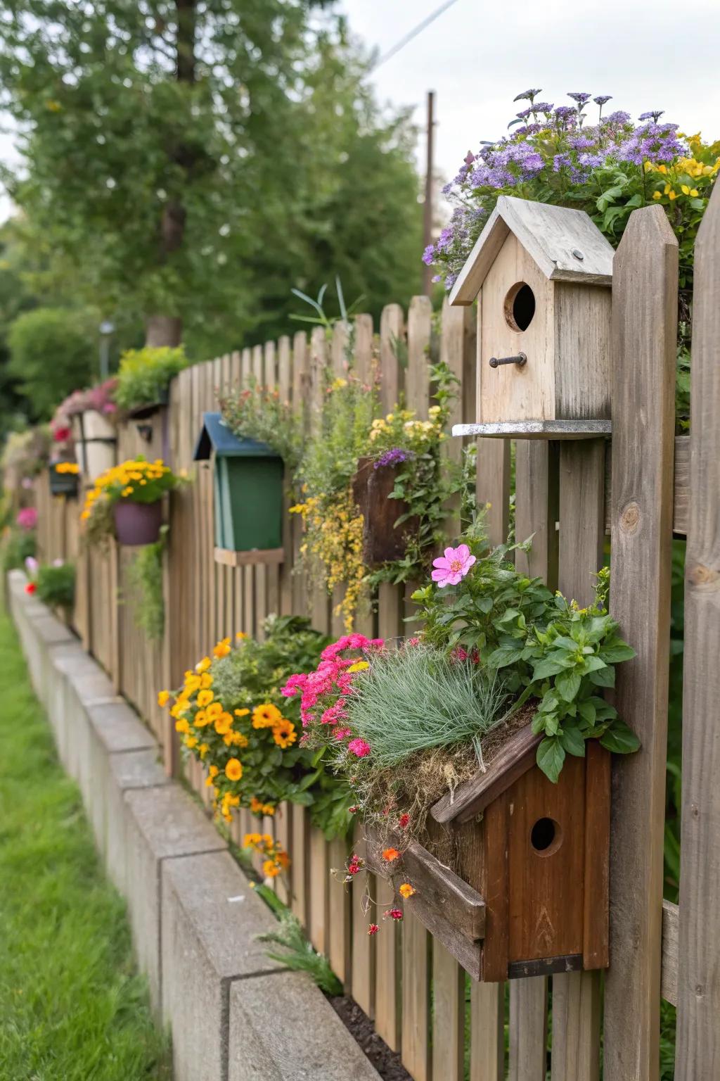 Avian dwellings amalgamated with planters contribute an eruption of vitality to the fence.