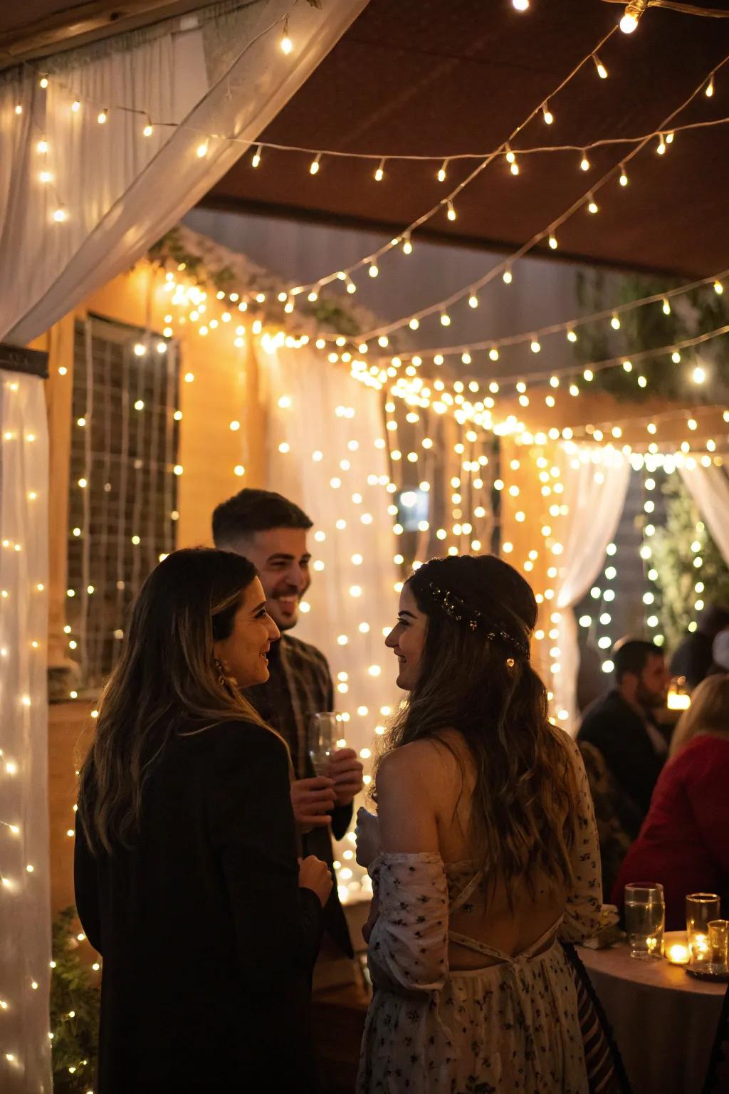 Fairy lights emit a warm glow over an elegant celebration scene.
