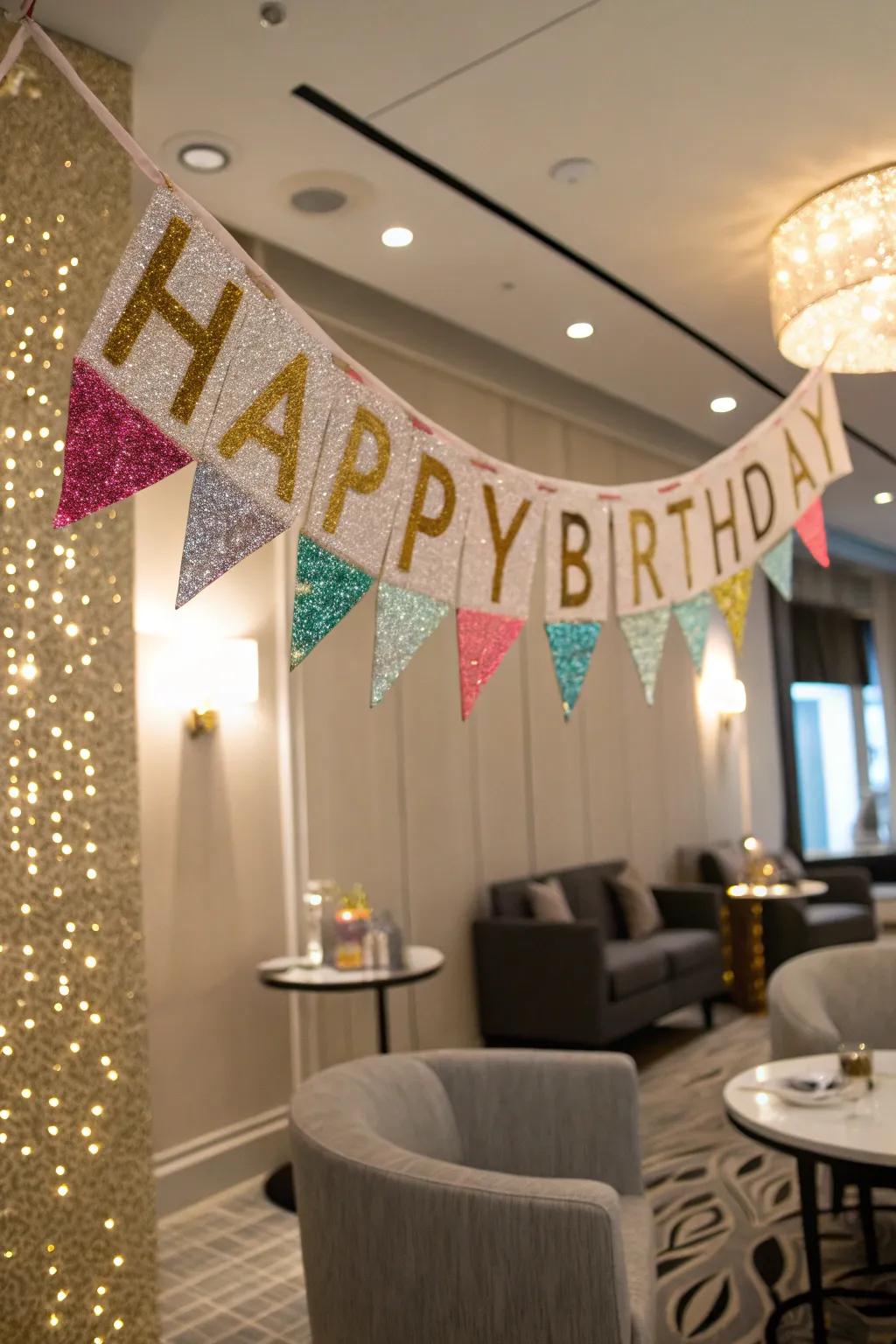 A custom-made sparkle birthday banner elegantly displayed in a stylish area.