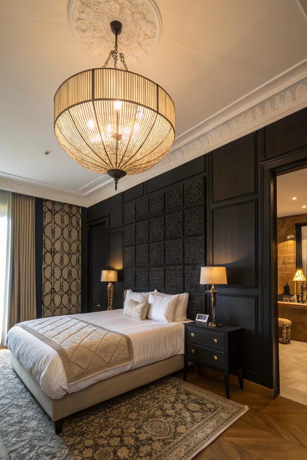 Statement lighting elevates the sophistication of a black accent wall in this bedroom.