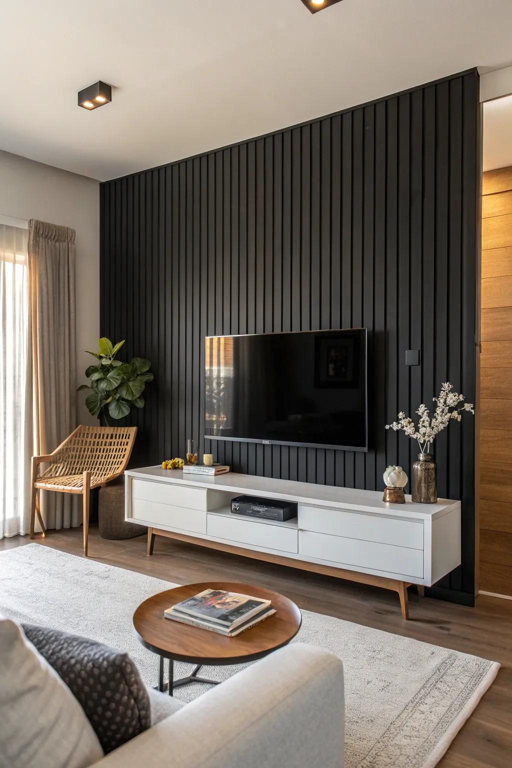 Shadowy lumber slats append texture and warmth to a contemporary area.