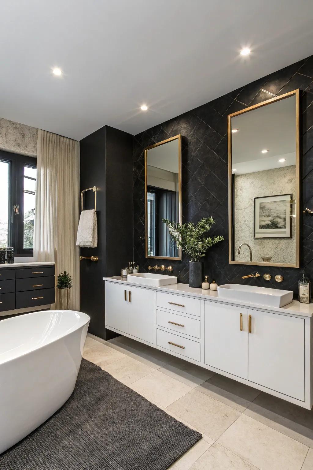 A stylish bathroom adorned with an ebony feature wall that enriches minimalist decor and expansive mirrors.