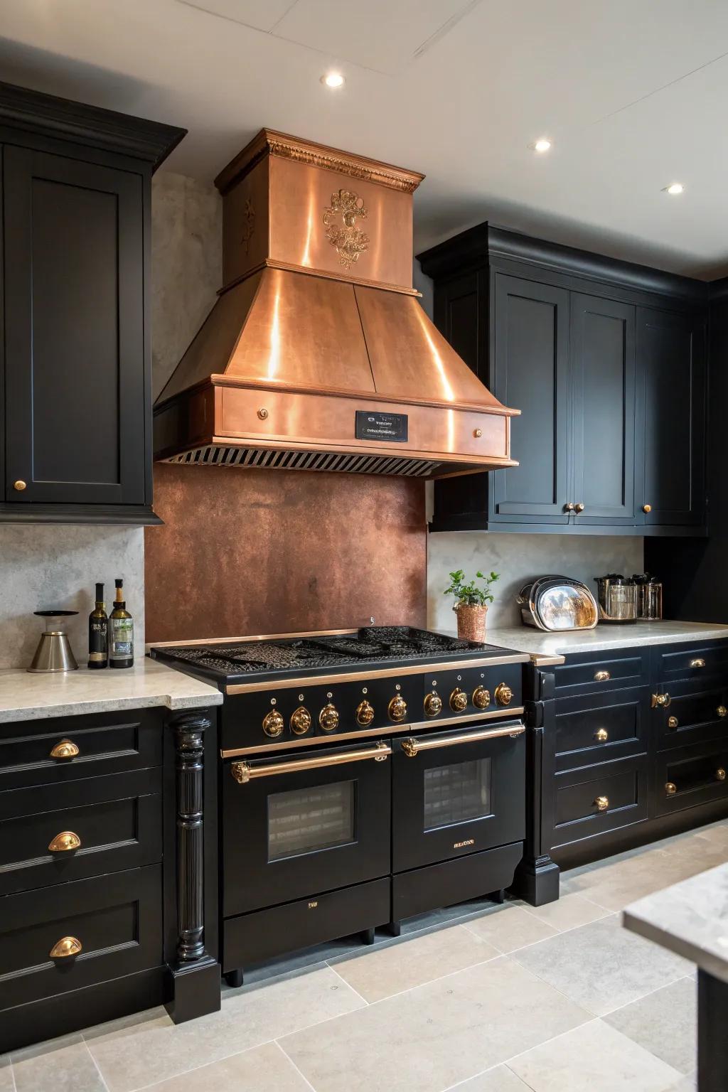 A bronze cooker hood enhances the luxurious feel of a black kitchen.