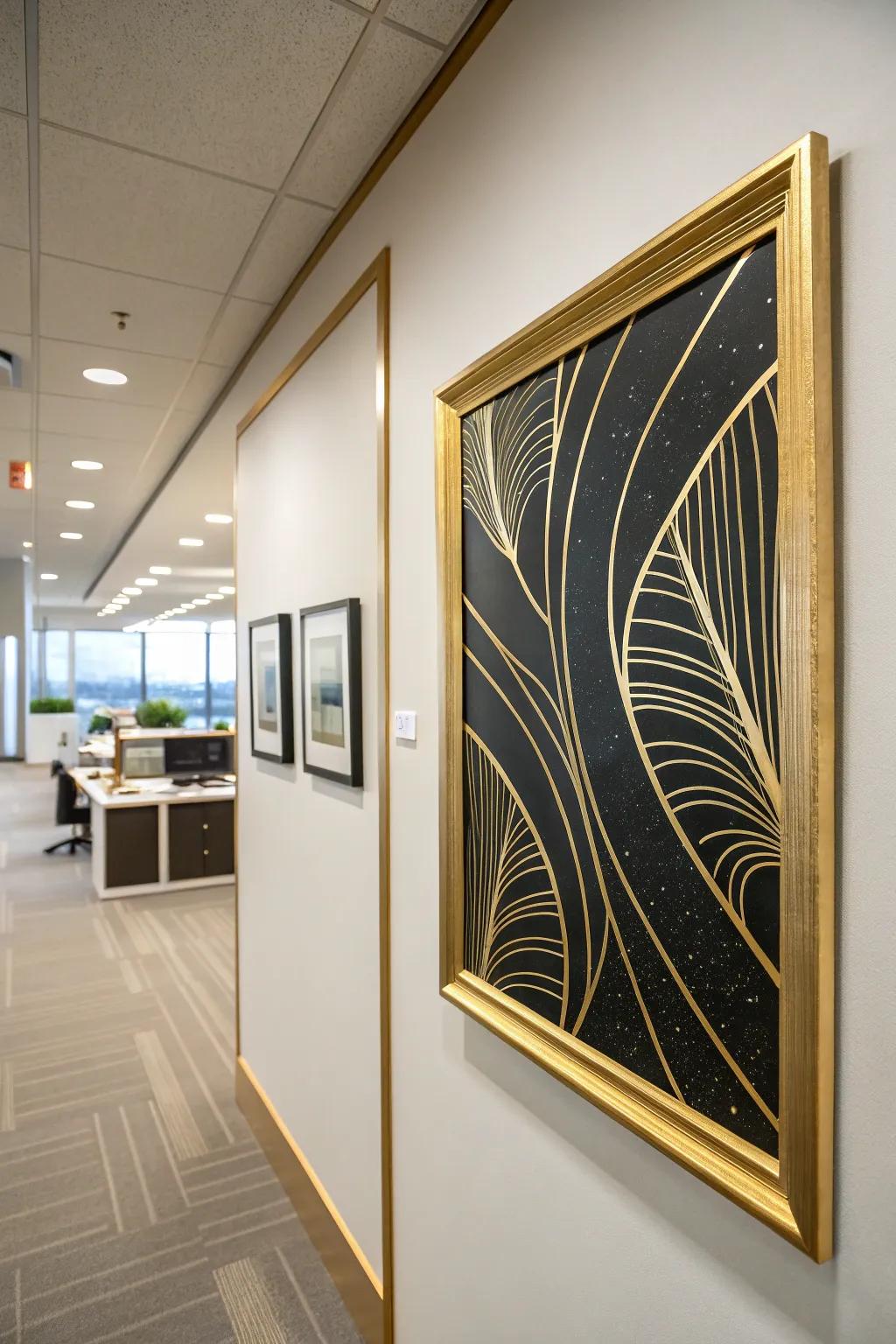 Gilded-edged artwork contributes an elegant flourish to your office's decorative scheme.