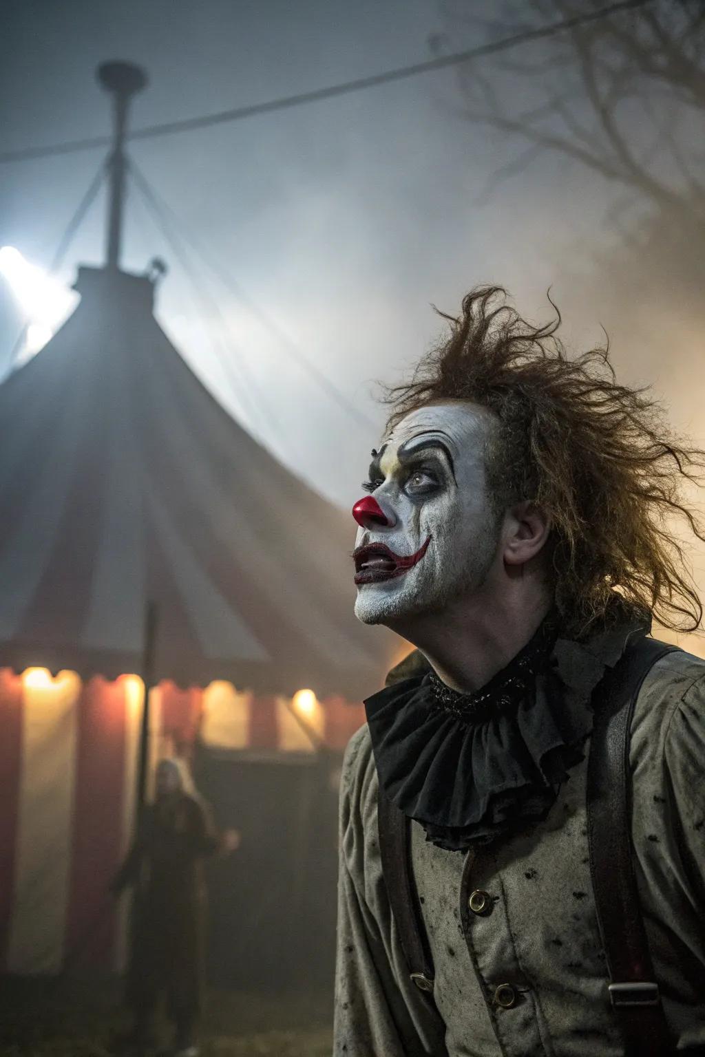 Achieve a striking equilibrium of whimsy and shadow with a gothic clown presentation.