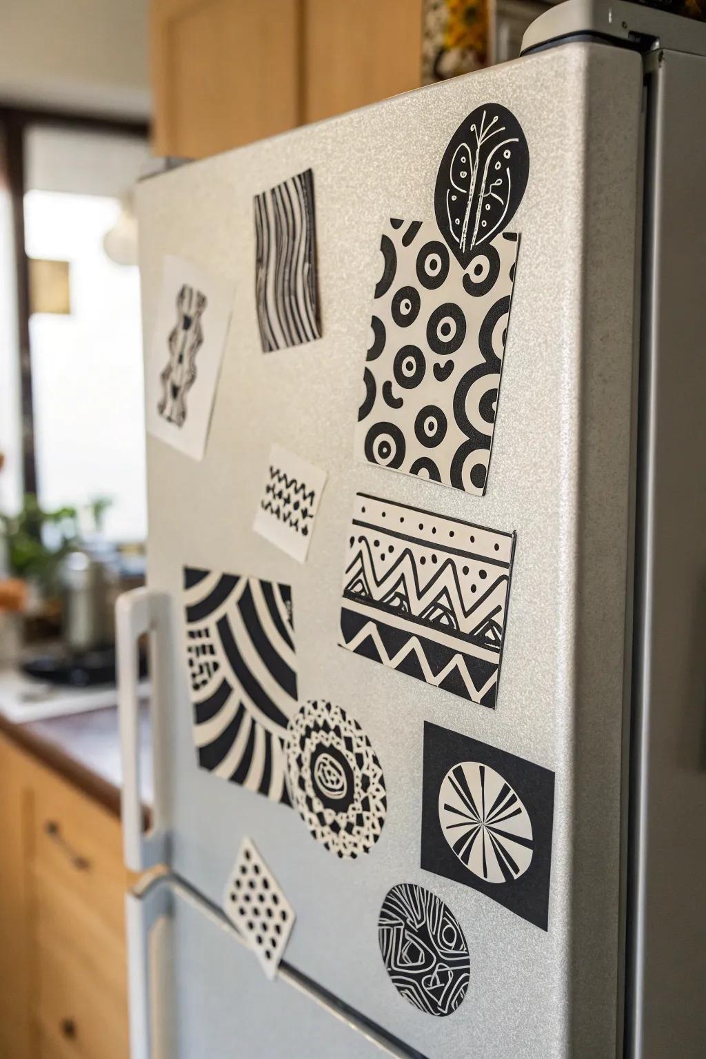 Non-figurative art stickers adding flair to a kitchen appliance.