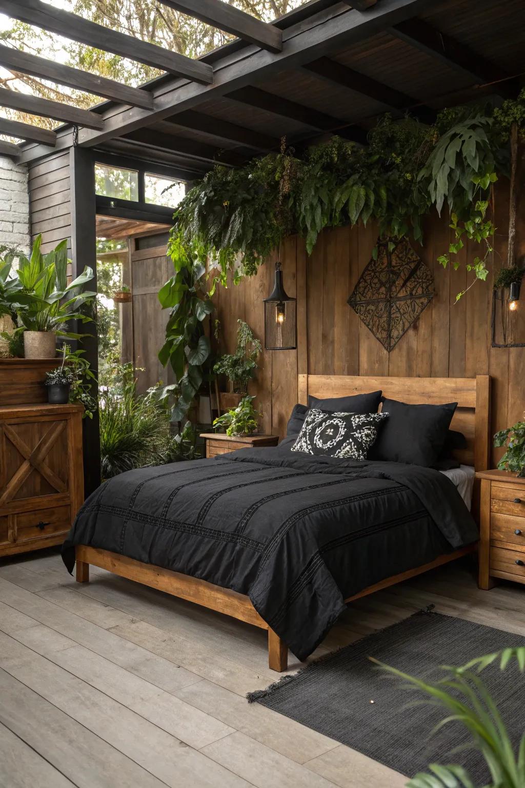 Matching black bedding with natural materials.