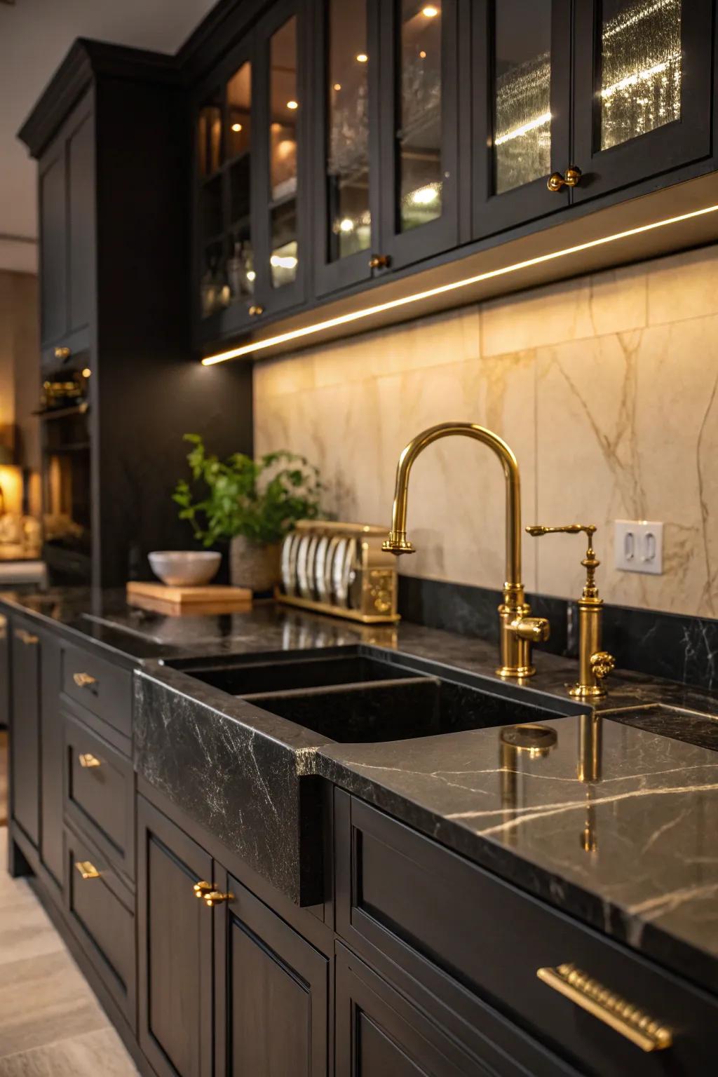 Brass hardware enhances the refinement of ebony countertops.