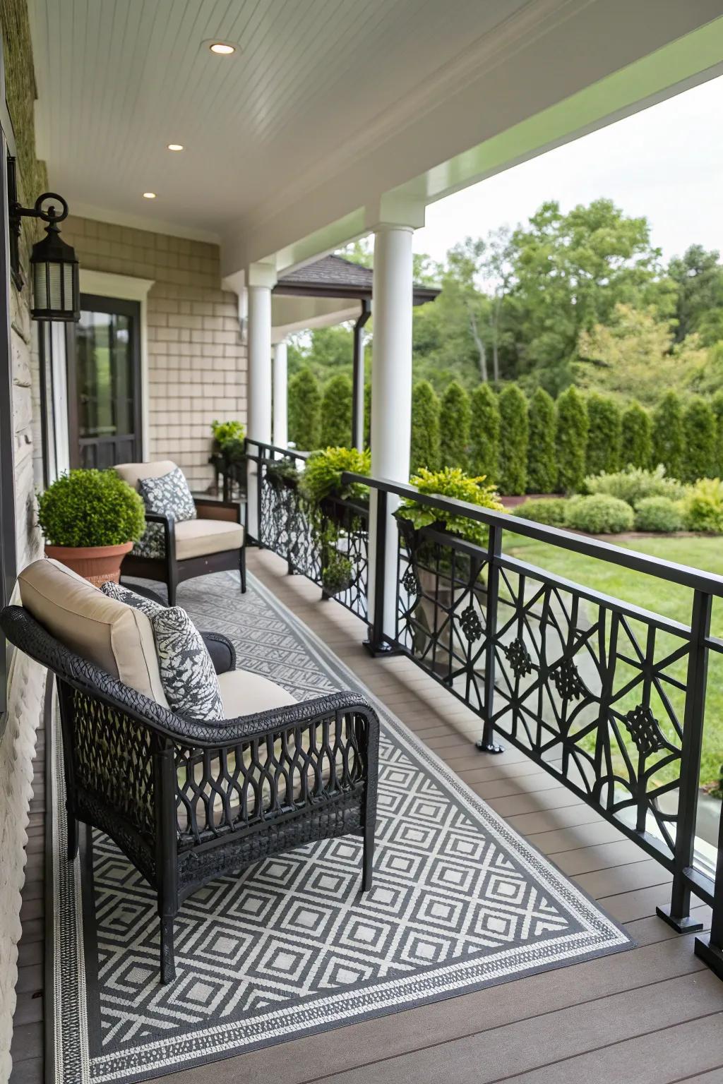Geometric railings enrich any veranda with an artistic touch.