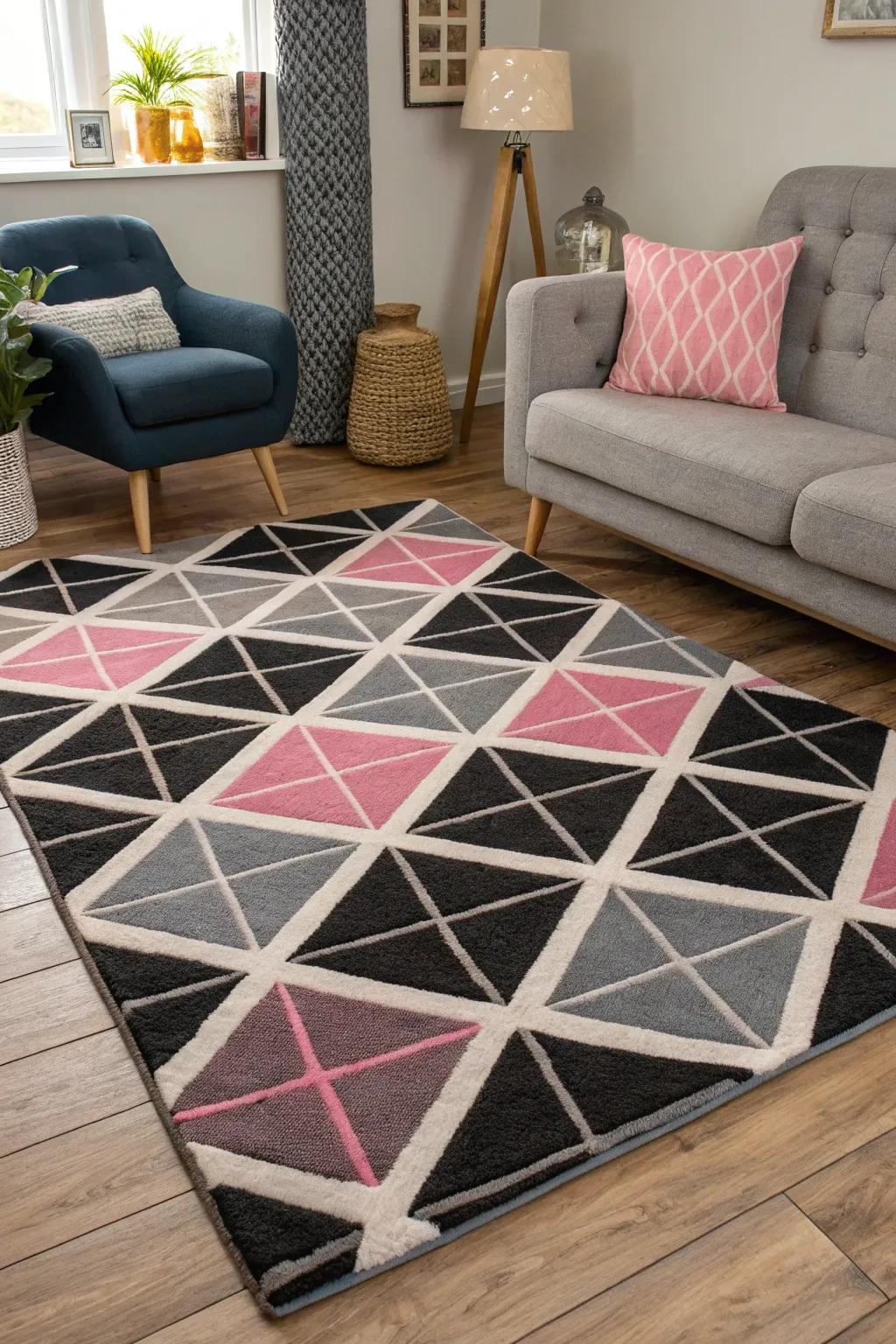 A geometric floor covering incorporates a contemporary edge and stabilizes the area.