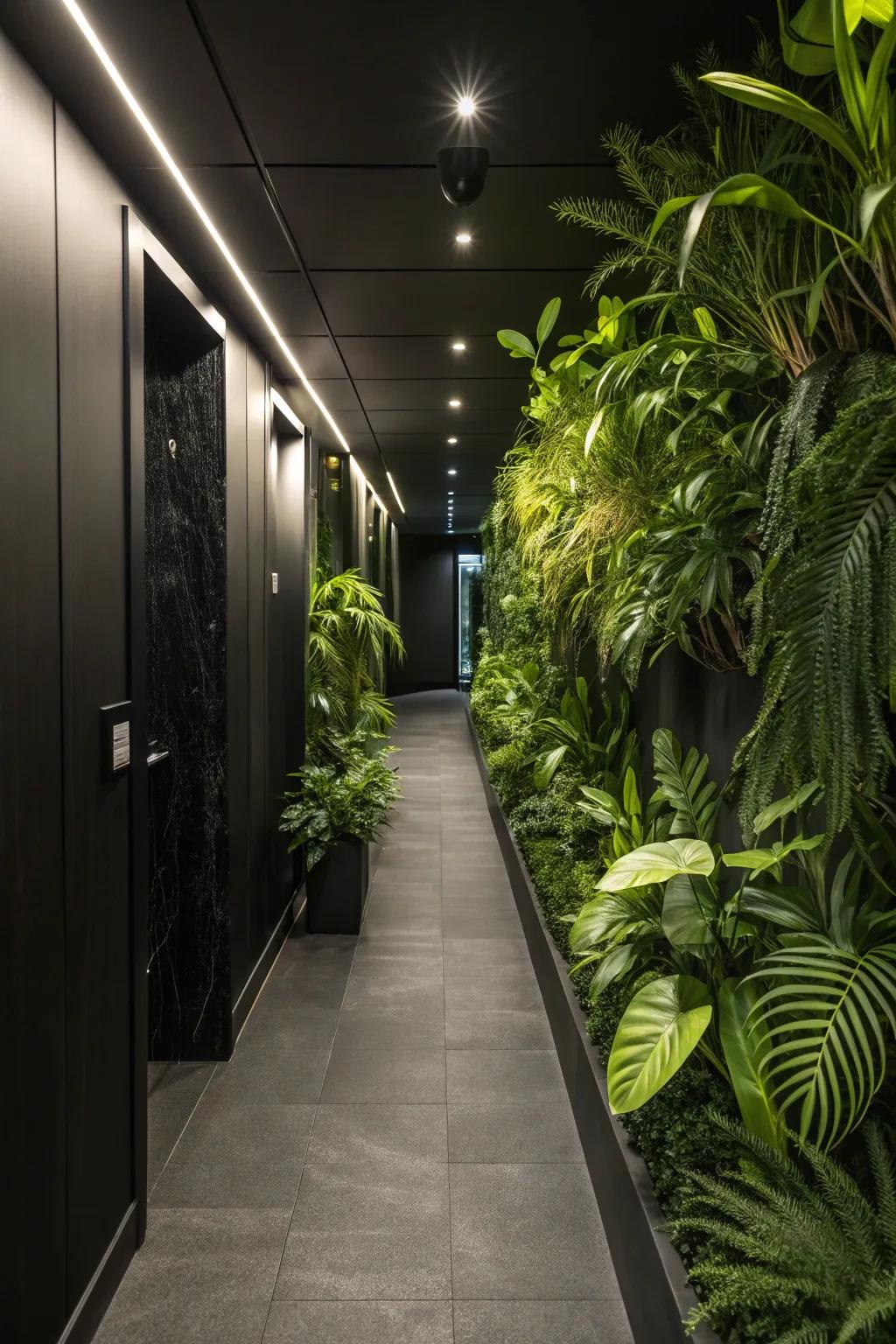 Verdant plants contribute a revitalizing contrast to a black hallway.