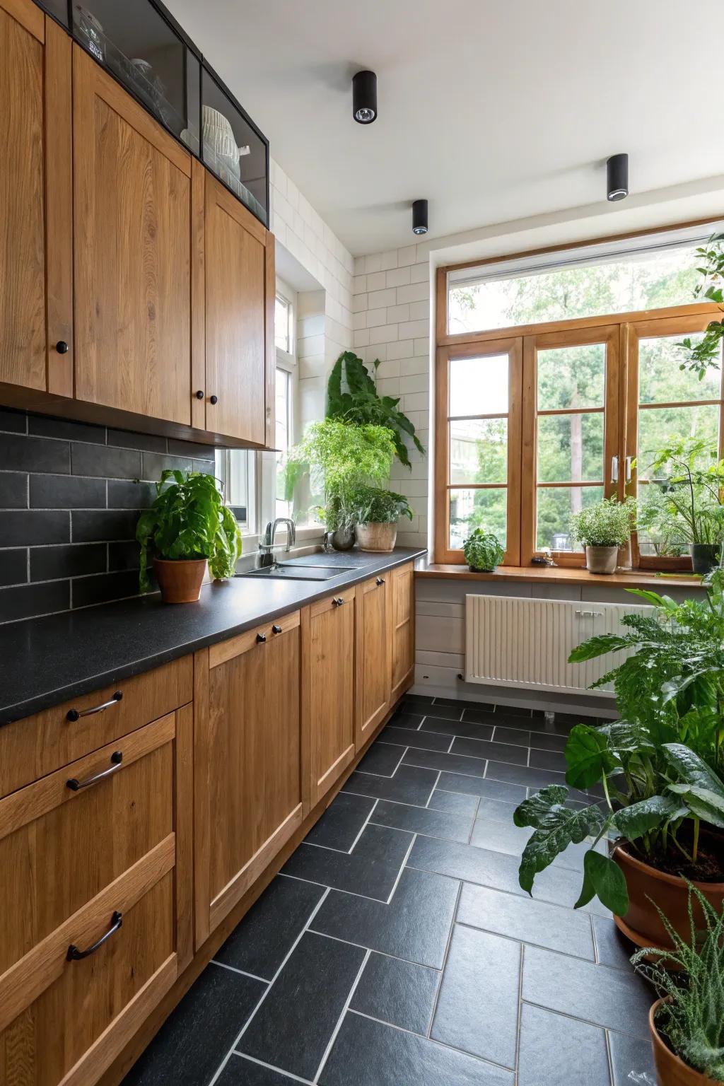 A kitchen that exquisitely balances dark floors with comforting timber particulars.