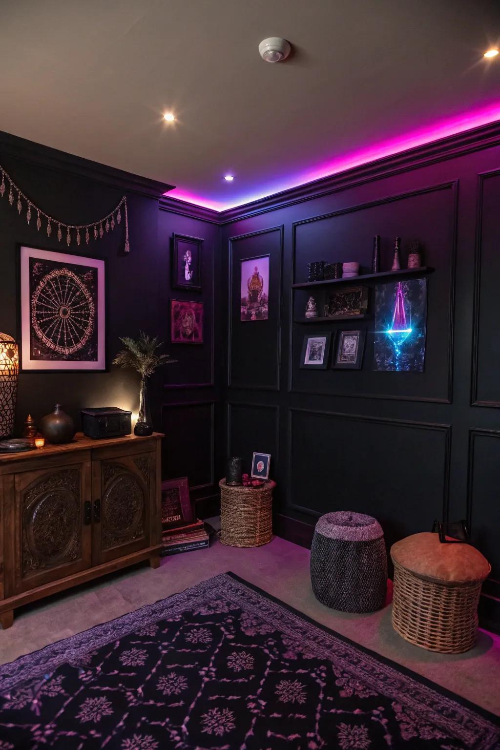 Shadowy walls amplify the radiance of black light decor.