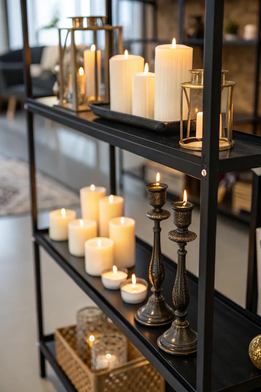 Candles of differing heights projecting a pleasant, warm glow onto a black shelf.
