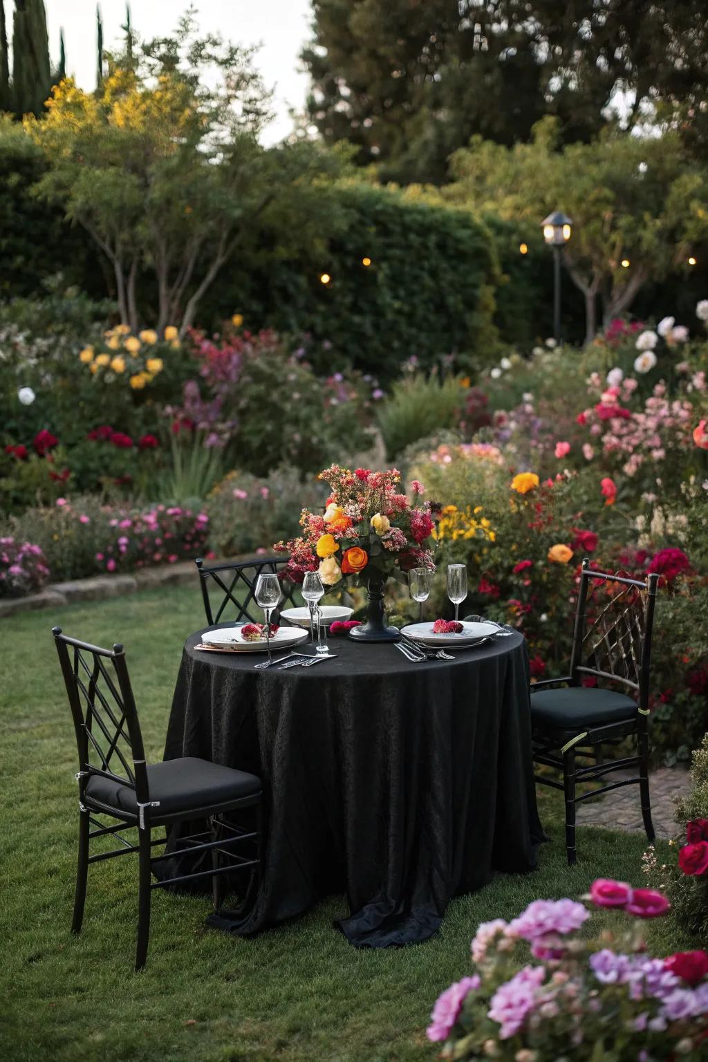 Outdoor sophistication enhanced by lively floral arrangements.