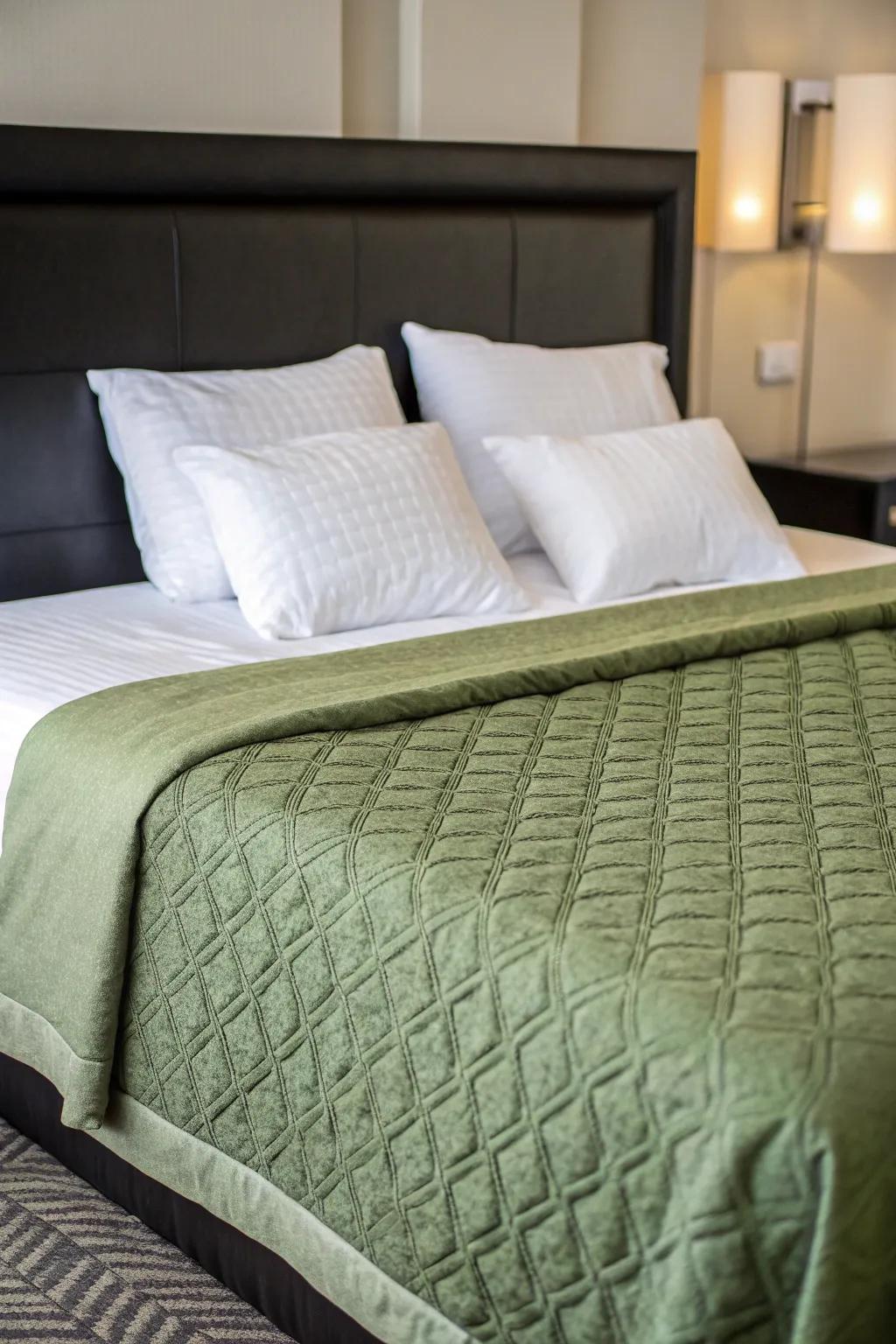 Textured emerald bedding delivers both comfort and style.