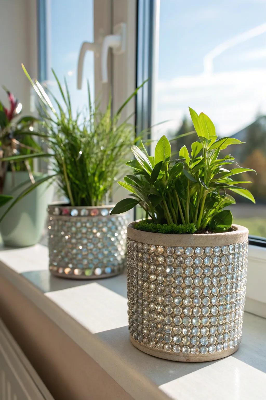 Planters enhanced with gemstone highlights.