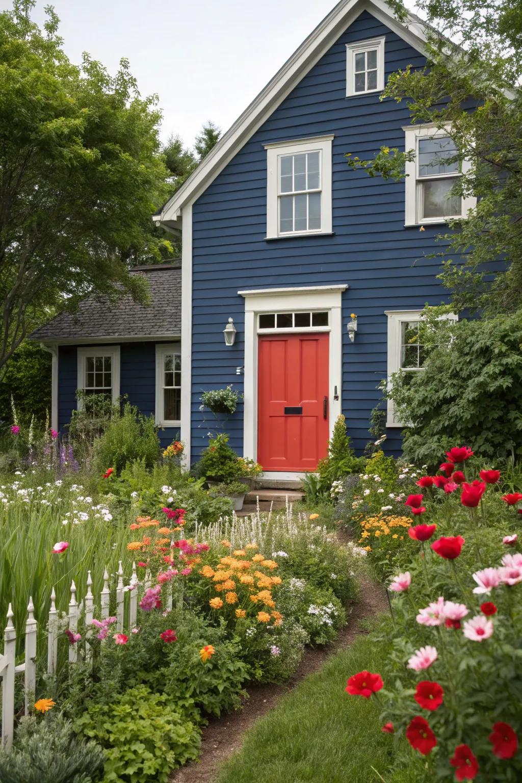 A striking entrance way color stands out against blue cladding.