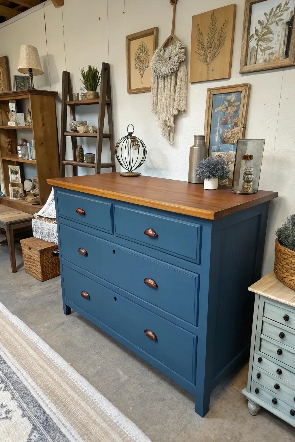 A dresser featuring blue and wood tones, delivering a distinctive design element.