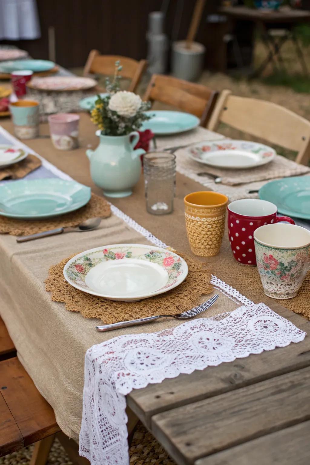 Eclectic table arrangements cultivate a charming boho atmosphere.