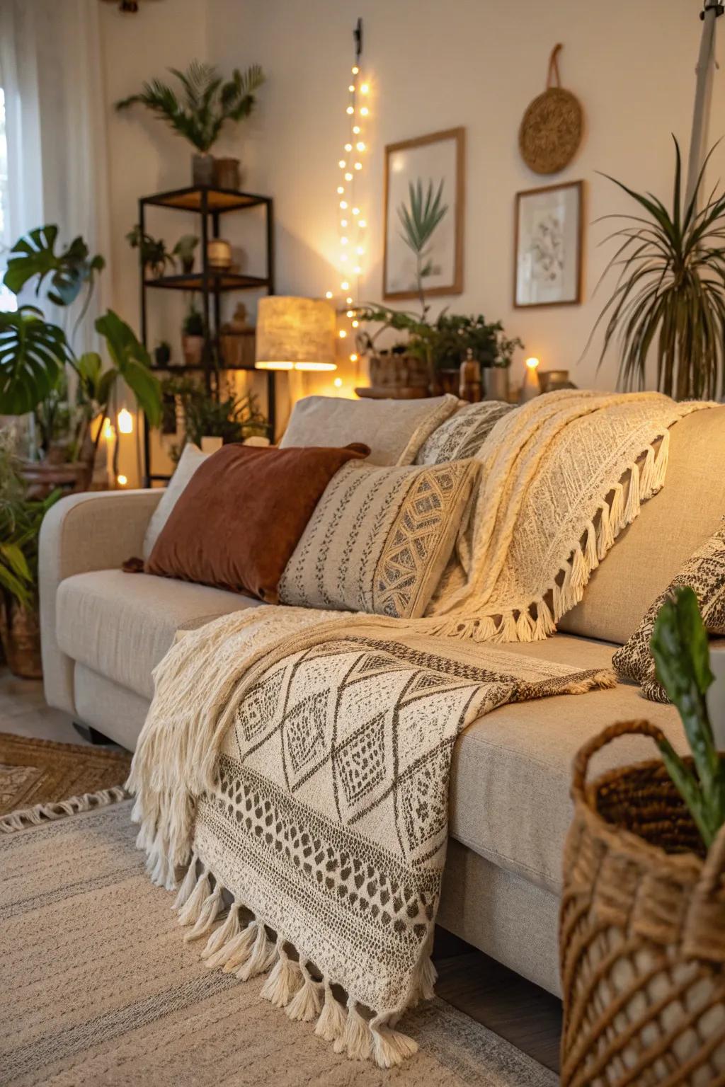 A comfortable bohemian arrangement with richly layered textiles.