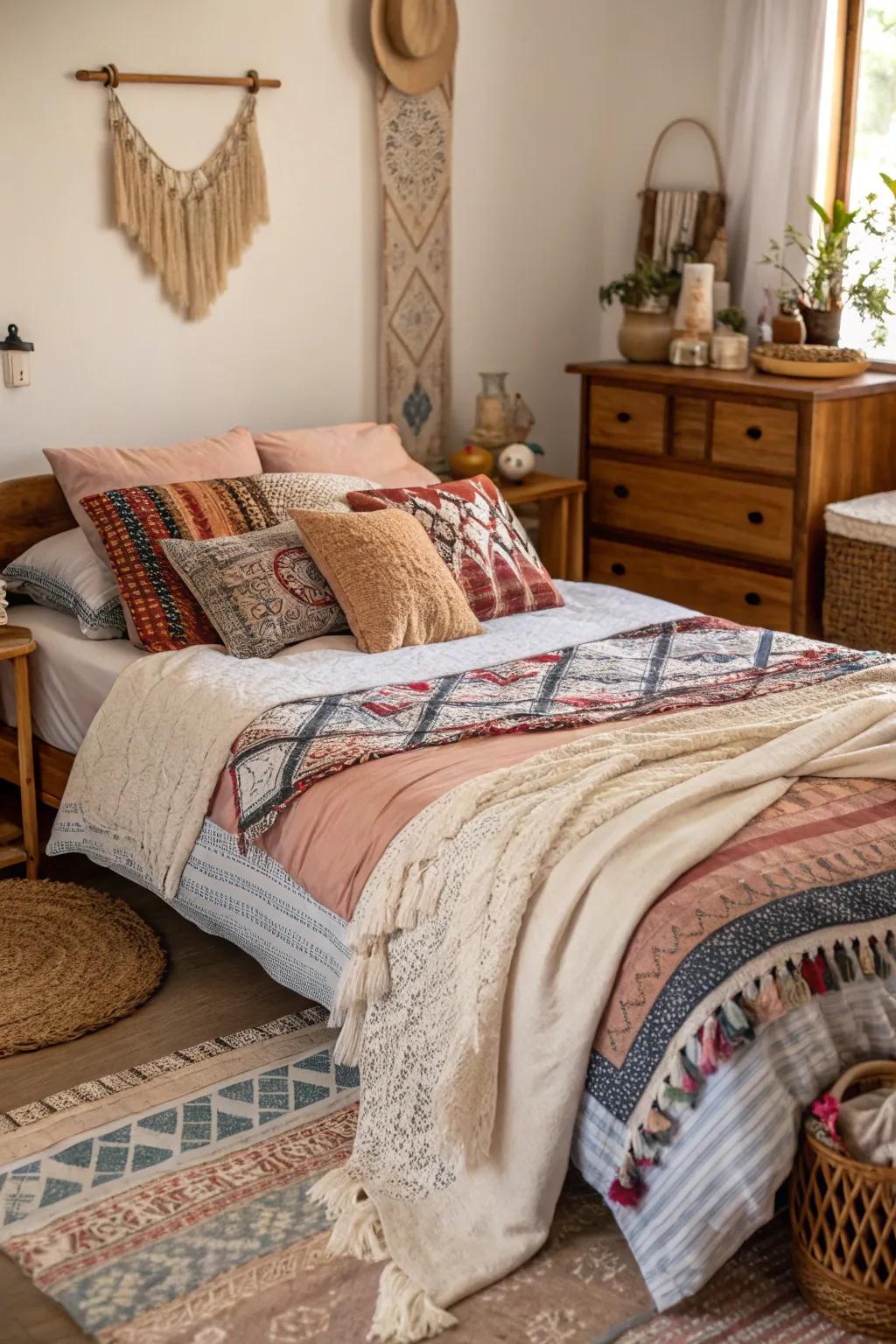 Layered textiles amplify the inviting aspect of a bohemian room.