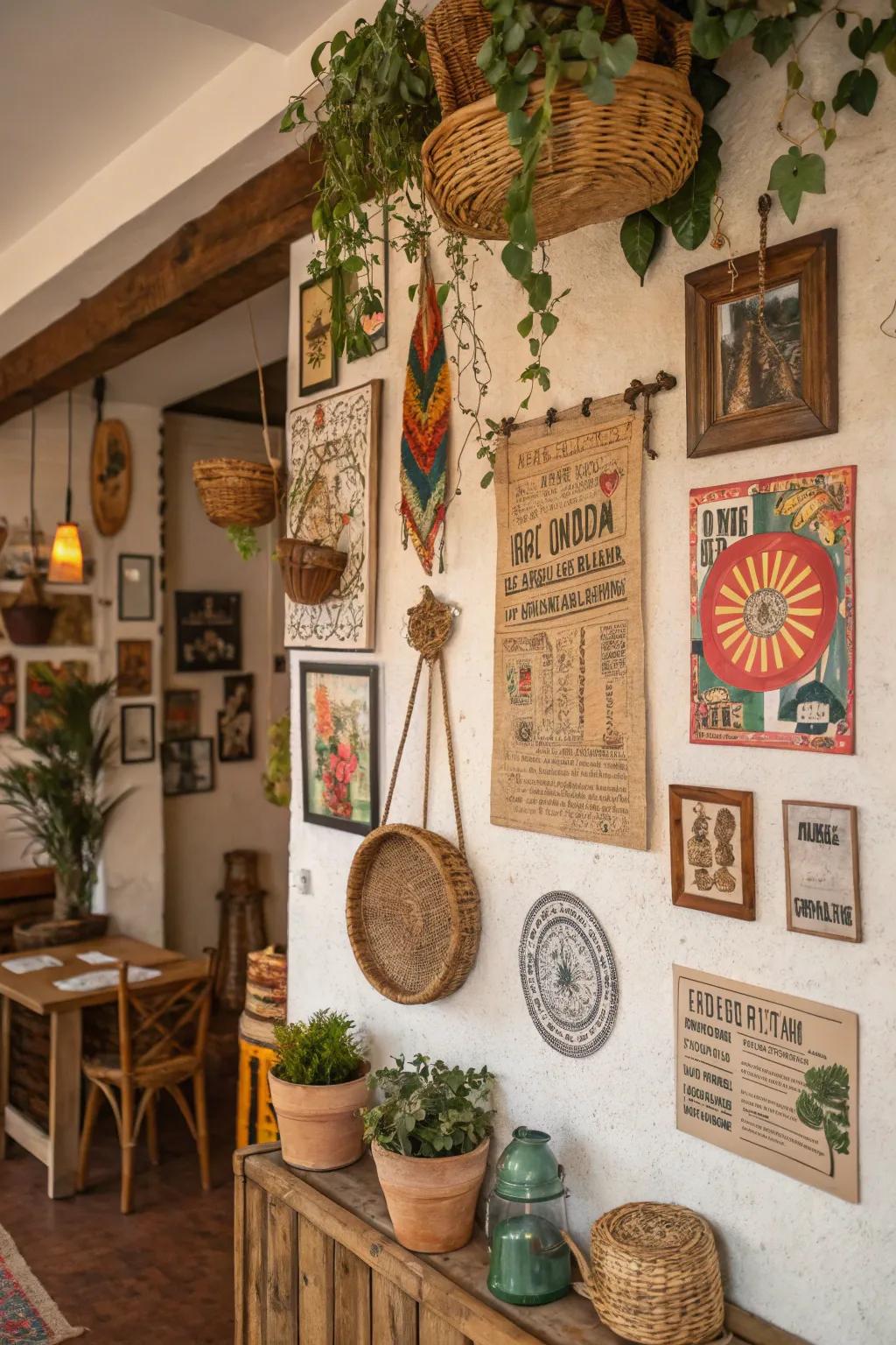This bohemian wall exudes charm through the integration of handcrafted and timeless treasures.