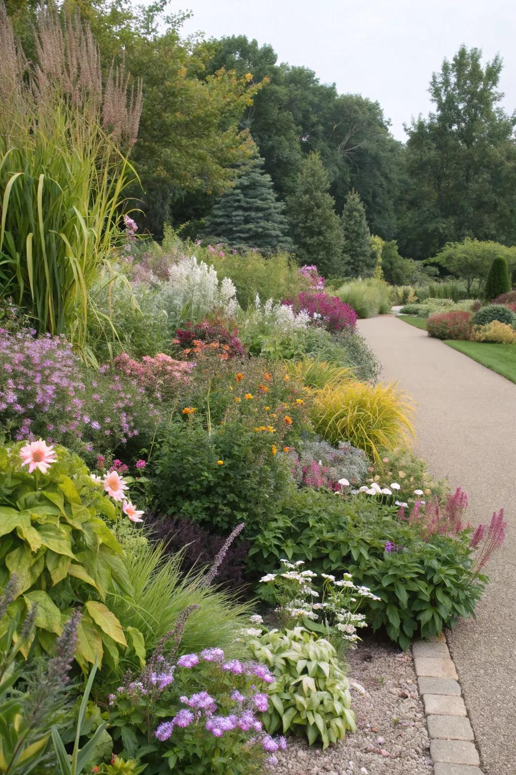 A dynamic garden border showcasing a medley of plant elevations and textures.