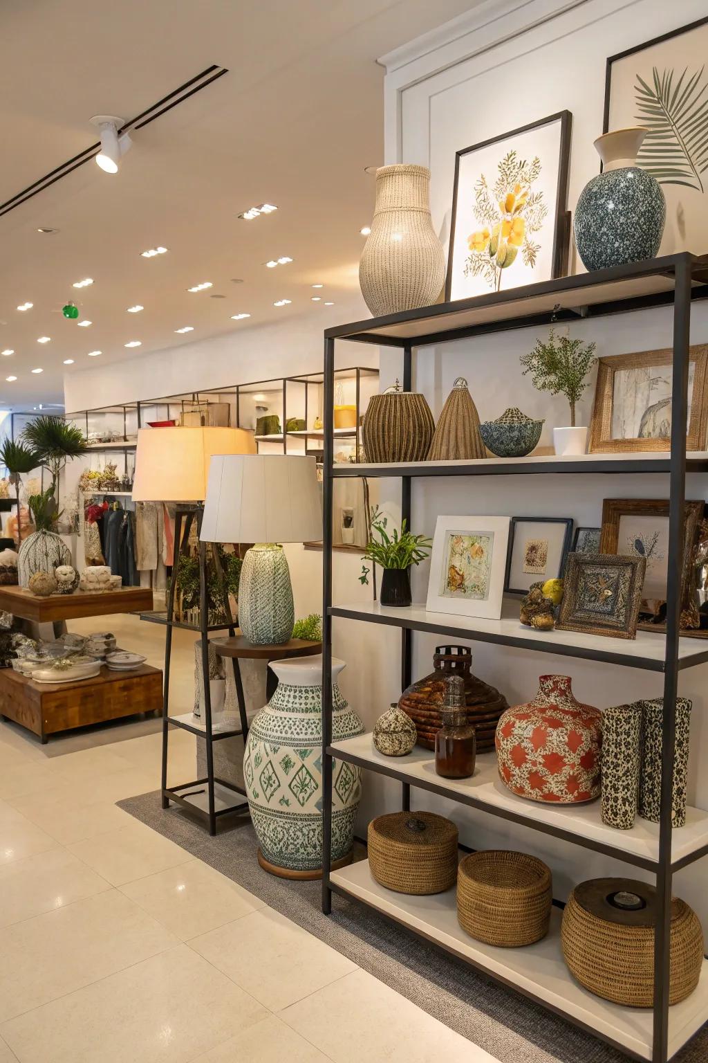 A boutique showcasing creative display arrangements with unique shelving to emphasize decor pieces.