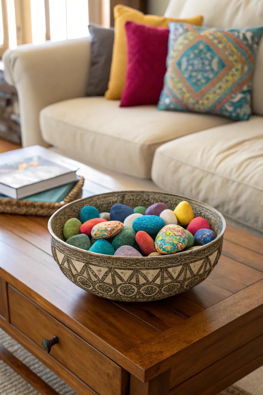An ornamental bowl displaying a collection of artistically painted stones